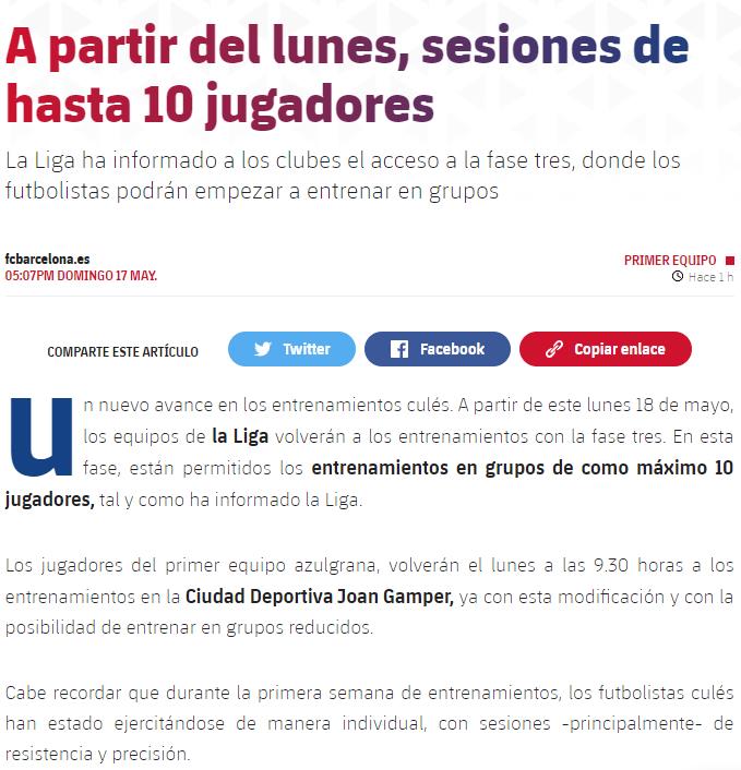 巴萨官宣西甲防疫第三阶段启动 球员下周可组队